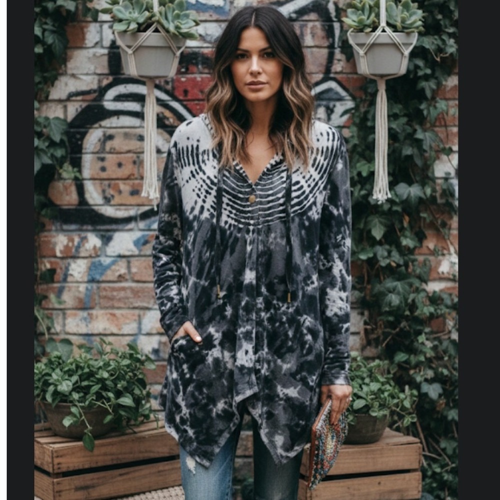 XCVI Women XS black white Tie Dye Hooded Long Sleeve Cardigan grunge‎ whimsygoth
